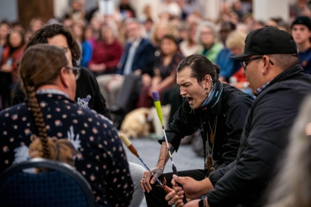 Native American Drum group Wandering Nation plays the welcome song